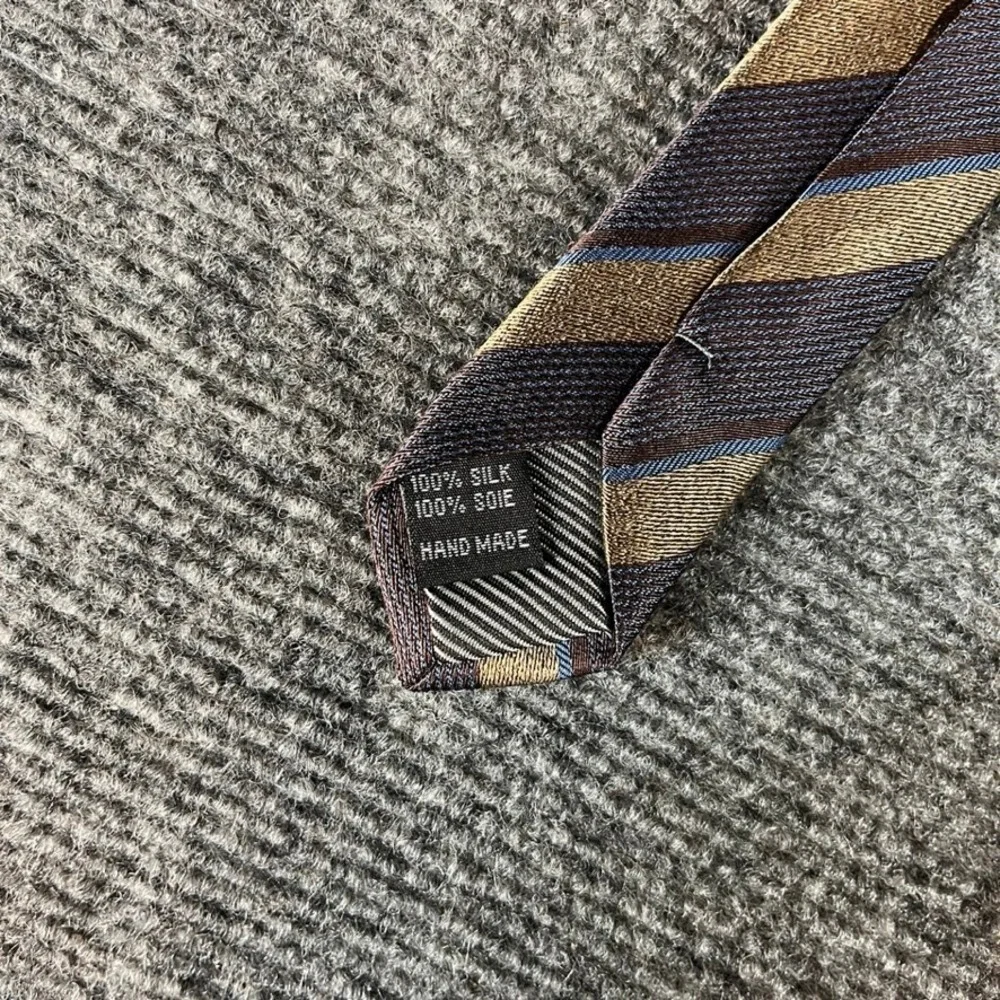 Bruno Marchesi Mens Silk Necktie Brown Tan Blue Diagonal Striped Handmade Tie